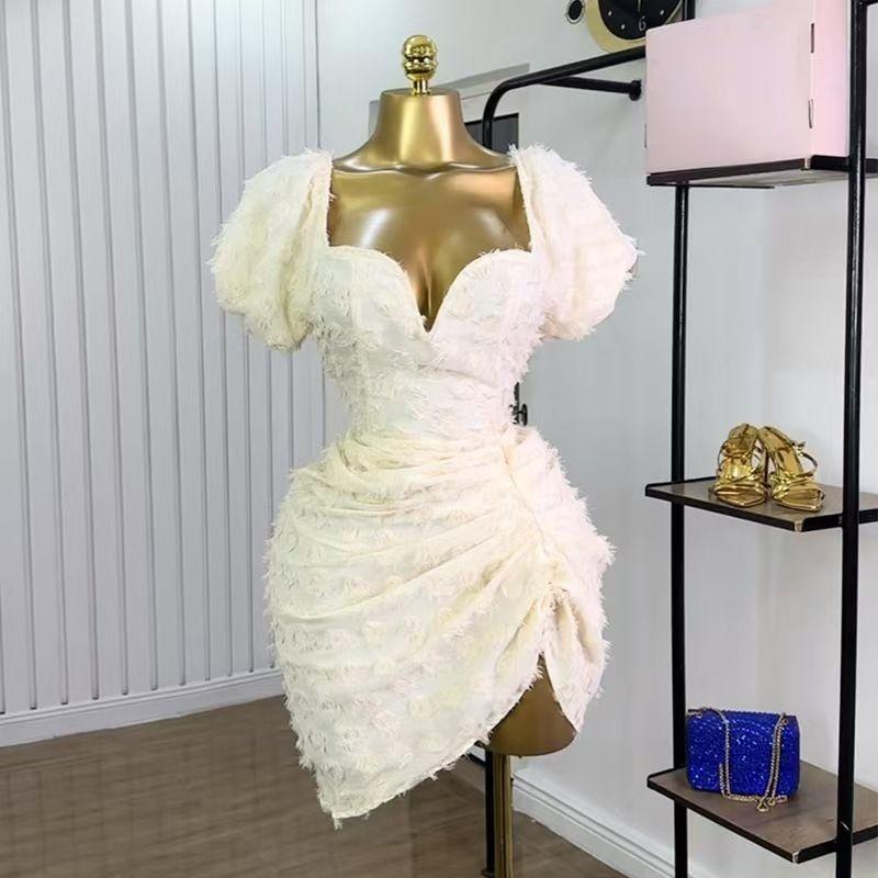

Western Style New Sexy V-neck Jacquard Short High Waist Pleating Short sleeve Dress Sexy V-neck Dress Ivory White M