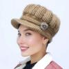 Women Knitting Hat Extended Brim Thickened Plush Winter Hat Solid Color Flower Decor Warm Hat Fashion Accessories