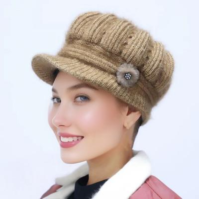 Cappello da donna in maglia con tesa estesa, ispessito, in peluche, invernale, tinta unita, decoro floreale, cappello caldo, accessori moda