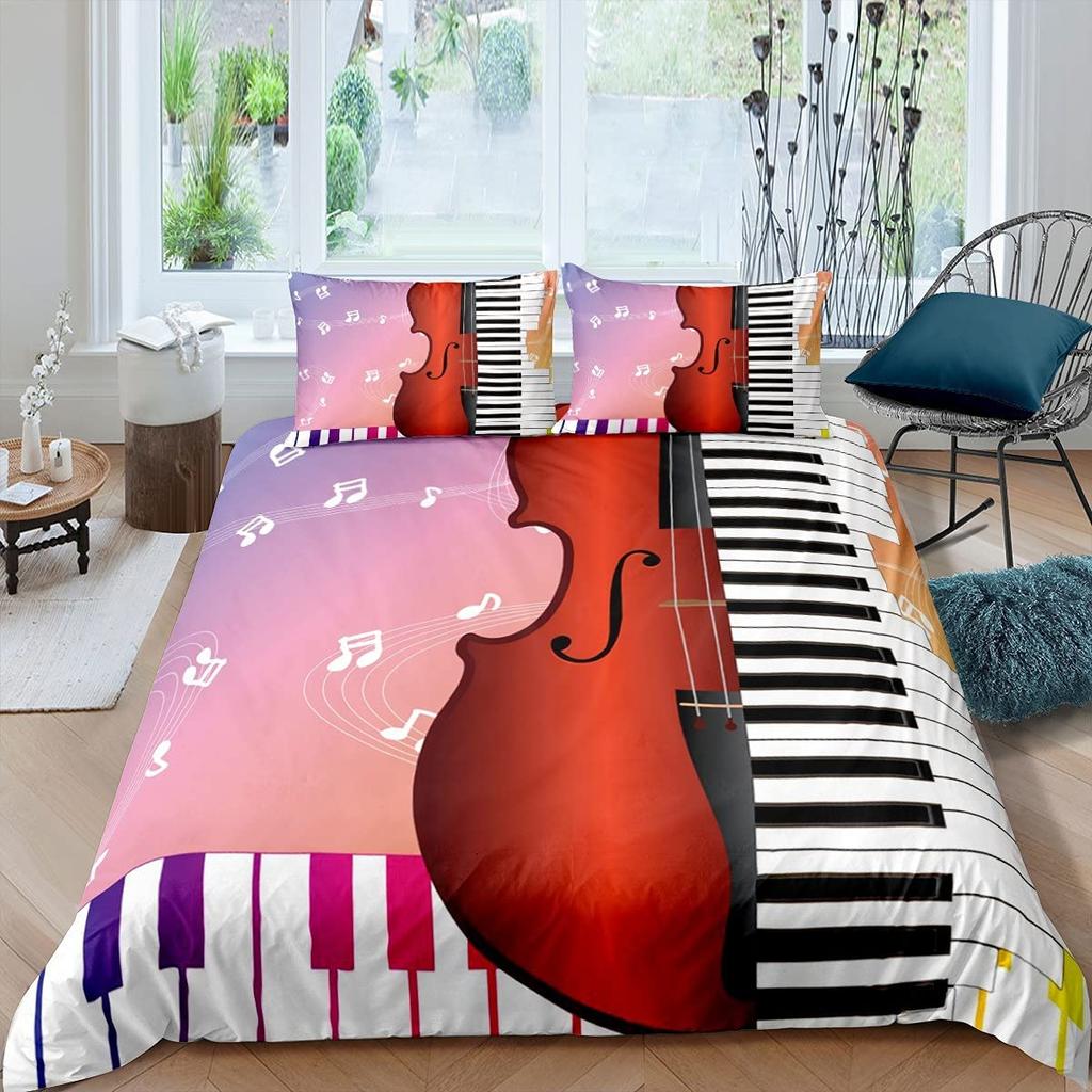Guitar Duvet Cover Set King Queen Full Size Watercolour Style Polyester Comforter Cover For Kids Boys Girls Teens Bedding Set