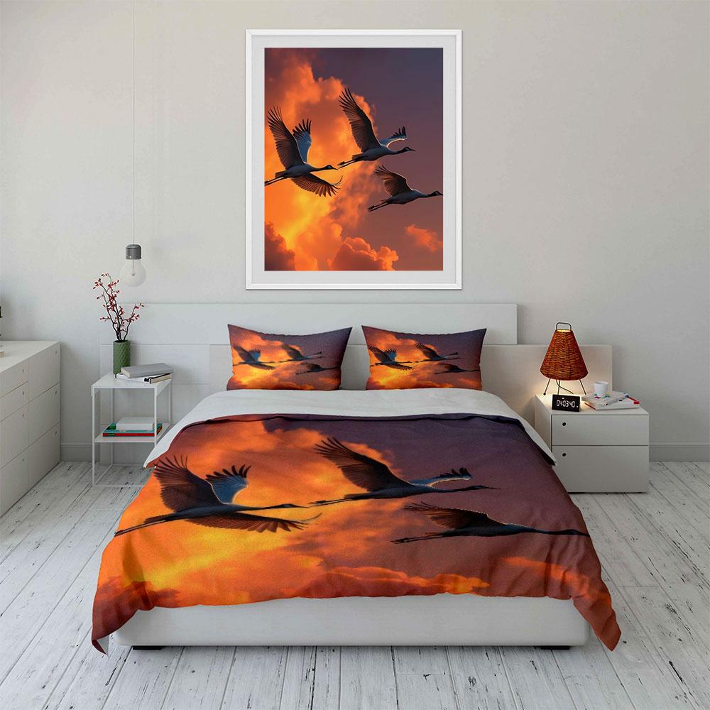 Flying Cranes Sunset Decor Soft Comfortable Duvet Cover Bedding Set Included 1*Duvet Cover & 2*Pillowcases, Gift