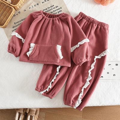 Winter Baby Girls' Cute Lace Lantern Sleeve Fleece Top & Long Pants Korean Style Two-Piece Set