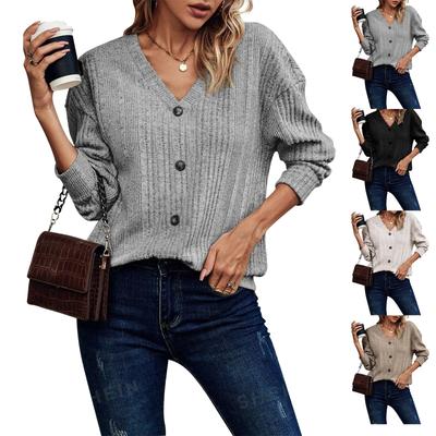 Damenmode Lässig Einfarbig V-Ausschnitt Langarm Bequemer Strick-Knopfpullover Lockeres T-Shirt Top