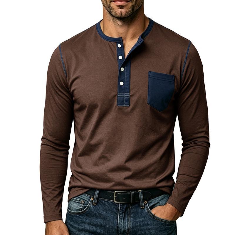 Mens Contrast Color Pocket Long Sleeve Crew Neck Henley Casual T Shirt