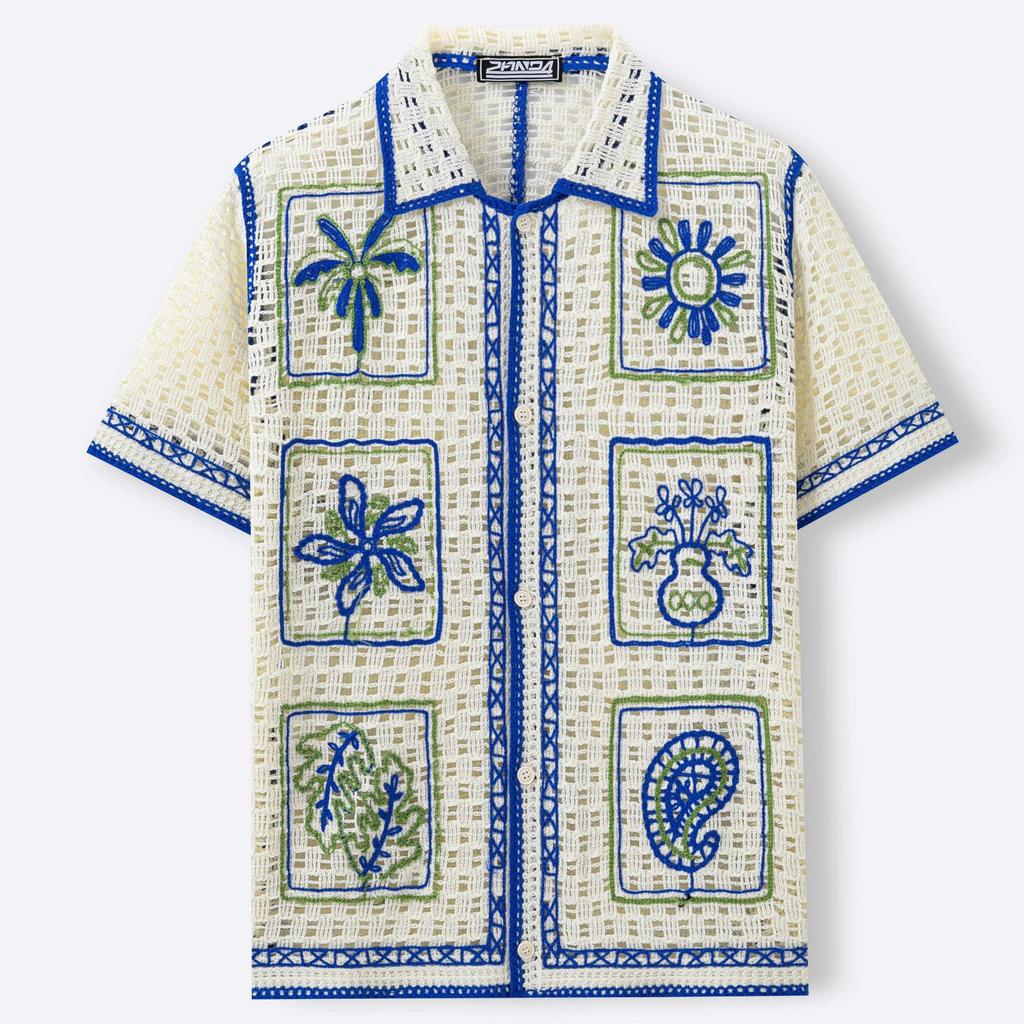 Men's Casual Knitted Short Sleeve Shirts Button Down Crochet Hollow Out Shirt Top Summer Vacation Vintage Knit Golf Beach Collared Shirts Tops for Men