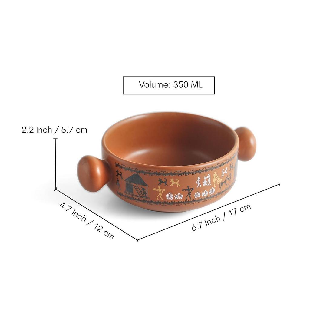 'Warli Village Tales'Ceramic Bowl Ceramic Serving Bowls Set with Handle Snack Bowl (Set of 2, 350 Ml, Microwave Safe, Handcrafted, Mud Brown)