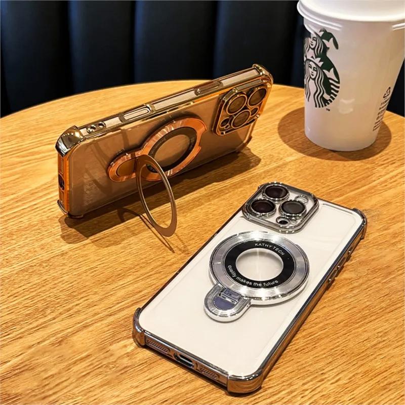 Luxus Galvanisiert Stoßfest Magnetische Halterung für Magsafe Transparente Hülle für iPhone 16 15 Pro Max 11 12 13 14 Mit Halter Ständer Abdeckung