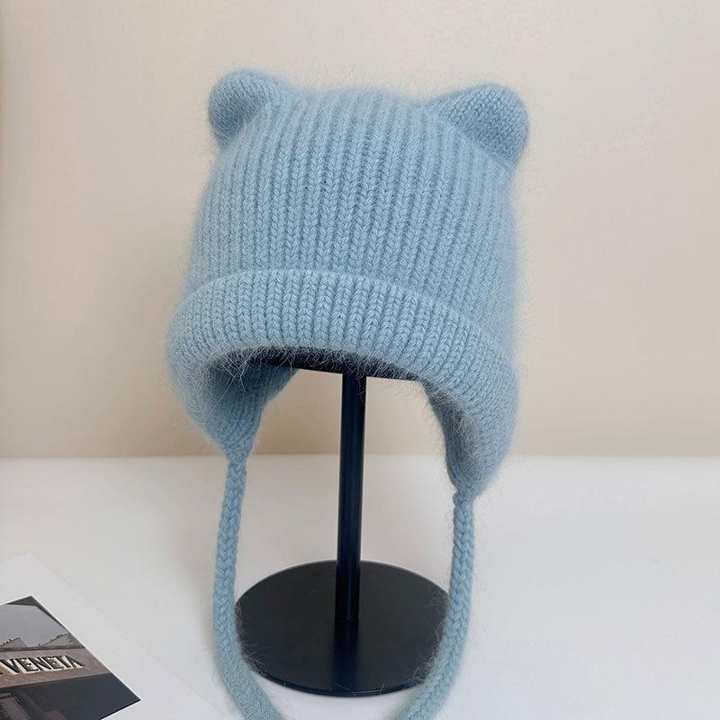 Cute Ears Autumn and Winter Wool Rabbit Hair Straps Candy-colored Wool Hat Bag Head Ear Protection Knitting with Student Warm Girl