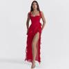 2026 Summer Women's Fashion Sexy Ruffle Trim Spliced Split Dress - Spaghetti Strap Bodycon Gown Stitching Temperament Sexy