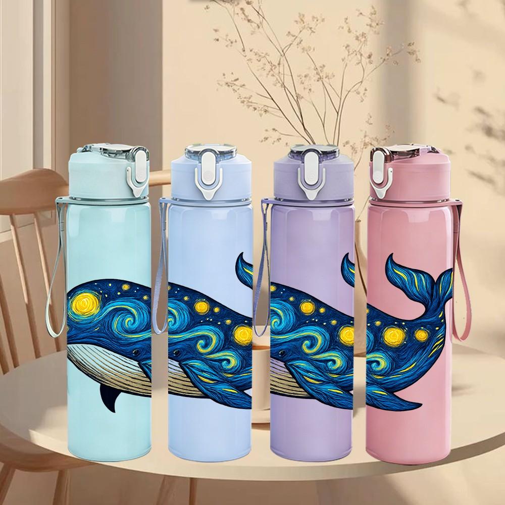 1PC Blue Patterned Whale Art 750ml Color Plastic Sports Water Bottle Leakproof Flip Straw Lid Suitable for Sports Office Home Use