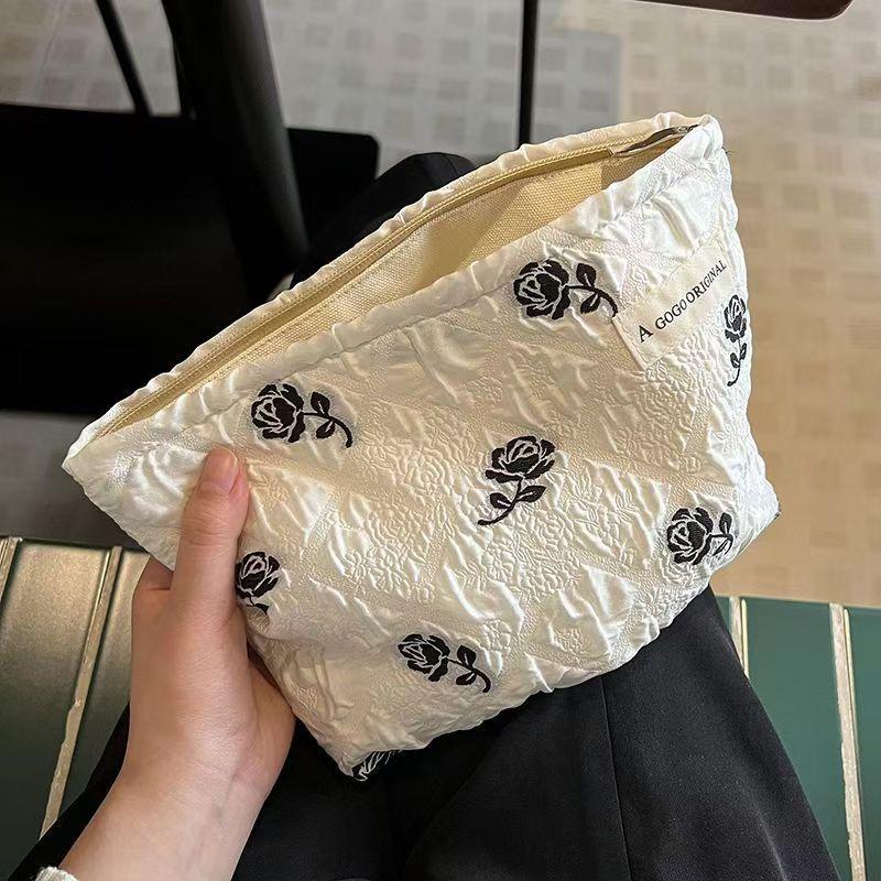 Ins, Niche, Corduroy, Contrasting Stripes, Makeup Bag, Portable, Travel Bag, Storage Bag, Toiletries Bag