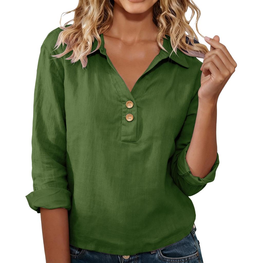 Women's Shirt Seven-Sleeve Lapel Cotton Linen Top Solided Color Casual Breathable Lapel Shirt