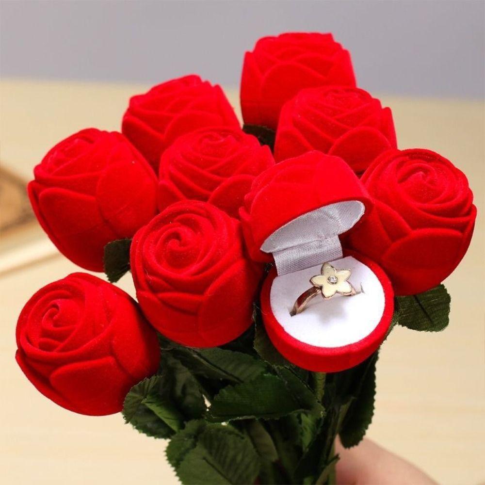 Simulation Flower Rose Ring Box with Leaves Flower Wedding Ring Box  Surprise Proposal