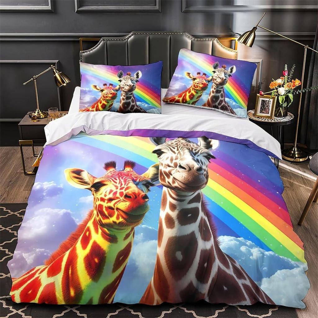 3D Printed Giraffe Pattern Duvet Cover Microfiber Soft Breathable Animal Skin Bedding Set with Pillowcase for Bedroom Home Decor
