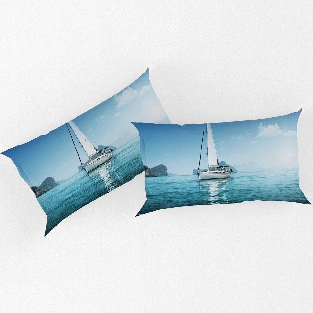 Nautical Comforter Set Blue Ocean Duvet Cover Set, Ship Boat Pattern on Beach,Sailing Ship Anchor Decor Corner Ties Wave Pattern