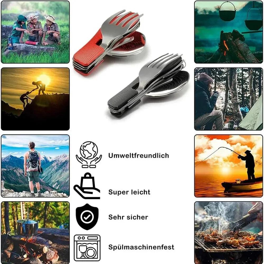 4-in-1 Faltbares Besteckset, Edelstahl Campingbesteck mit Messer Gabel Löffel Flaschenöffner, Tragbar für Outdoor Reisen