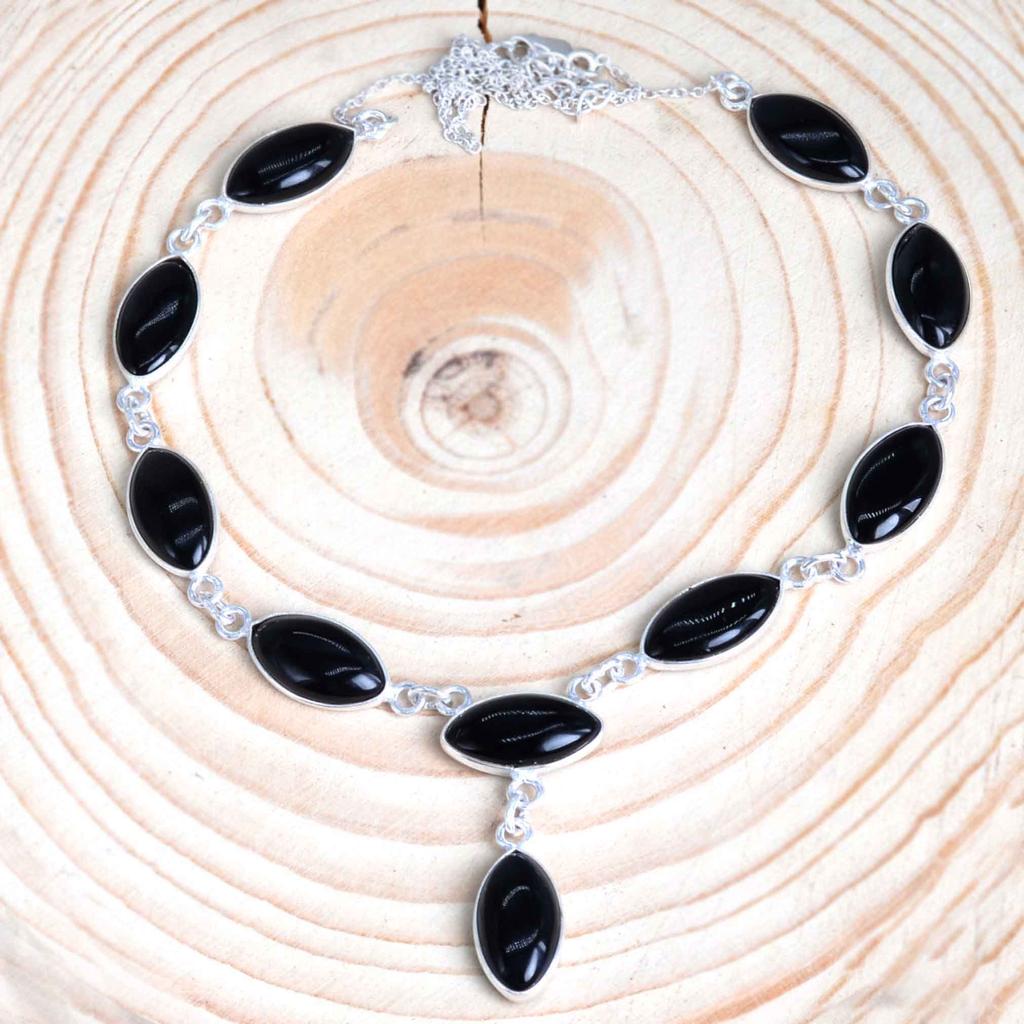 Schwarze Onyx 925 Sterling Silber Halskette, Edelstein Marquise handgemachte Halskette Geschenk für ihre Mutter, Jubiläumsgeschenk