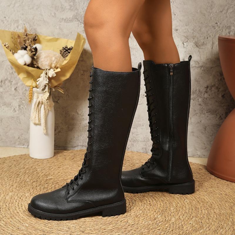 Winter New Thick Heel Single Boots Women's Round Head Splicing Front Strap Soft Sole Anti-slip Wear-resistant High Boots