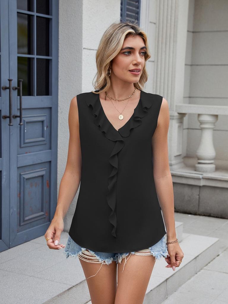 V Neck Camis Women Solid Color Chiffon Crop Tops Fashion Ruffle Tube Top Female Sleeveless Camisole