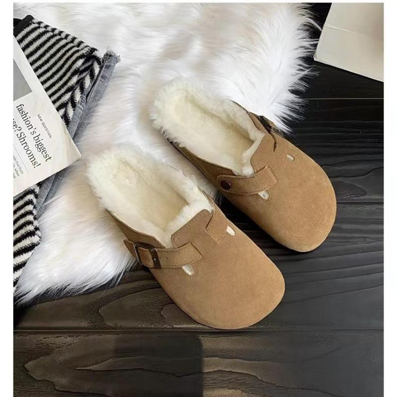 Fashion New Women's Slippers Autumn Winter Leather Round Toe Slippers Couple Slippers Outdoor Casual Keep Warm Women Suede Slides Mujer