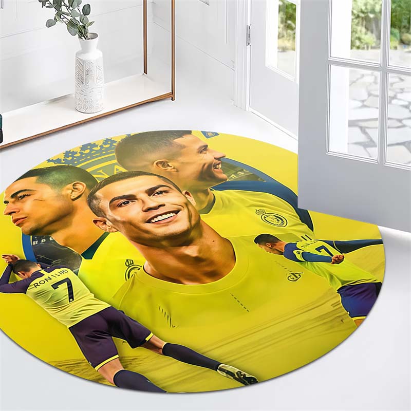 Riyadh Soccer Star Collage Portrait Print Round Area Rug Non‑Slip Circular Floor Mat Sport Fan Home Decor for Living Bedroom Gaming Room
