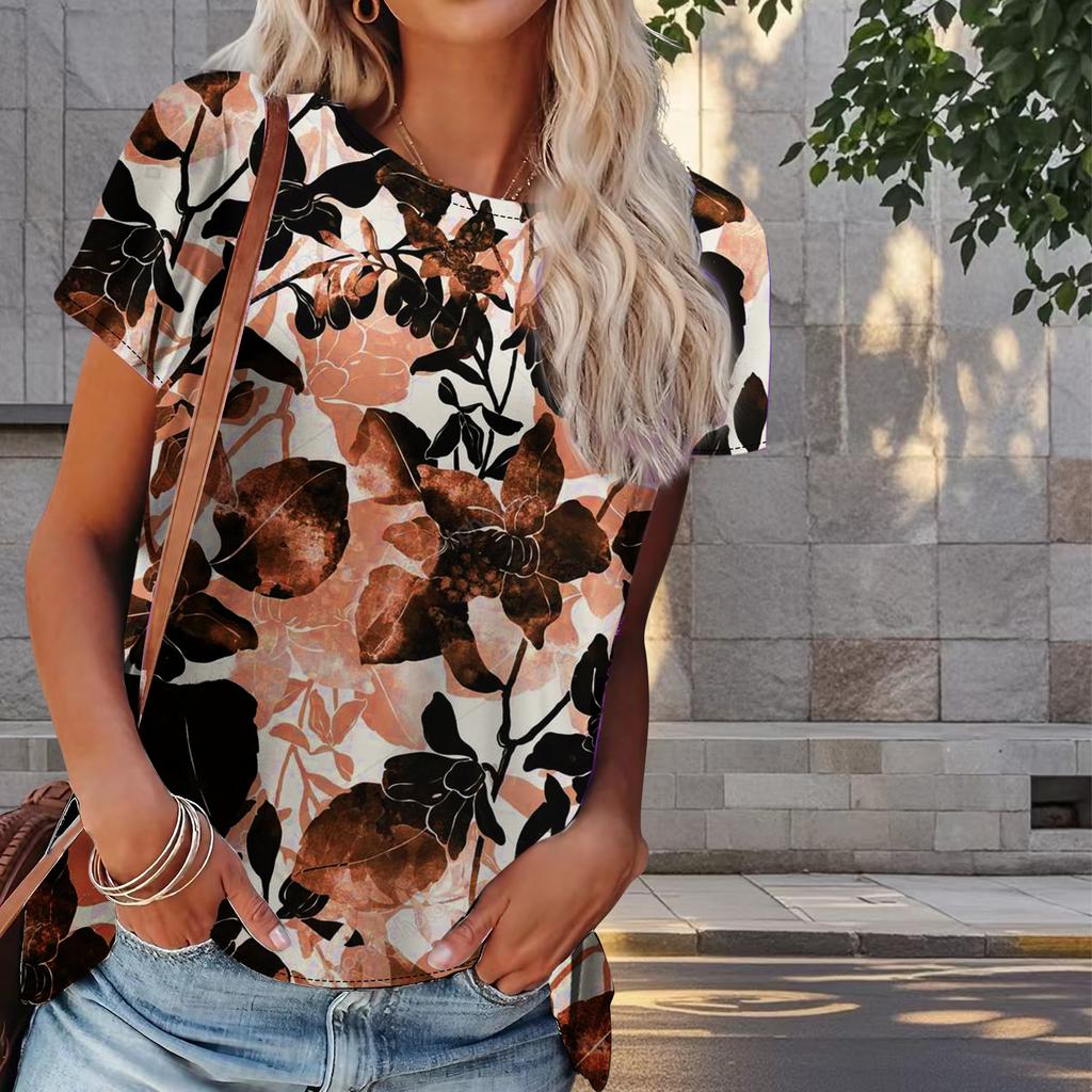 Dam Sommar T-shirt Vackert Blomtryck Retro Mode Kortärmade T-shirts Casual Tryckta Toppar