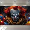 Un telo di sfondo in poliestere piatto 2D per Halloween con un pattern da clown terrificante e malvagio, adatto per Halloween