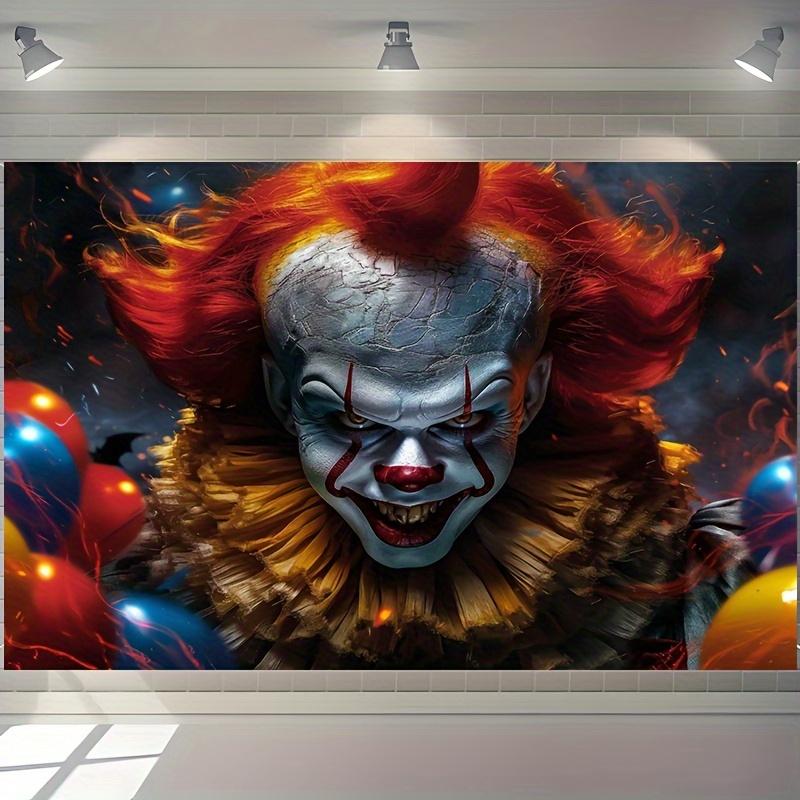 Un telo di sfondo in poliestere piatto 2D per Halloween con un pattern da clown terrificante e malvagio, adatto per Halloween