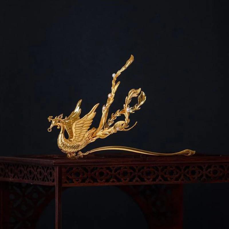 Original Design Three-dimensional Ancient Gold Craft Luxury Phoenix Tiara Ethnic Style Hair Jewelry Cheongsam Tassel Accessor