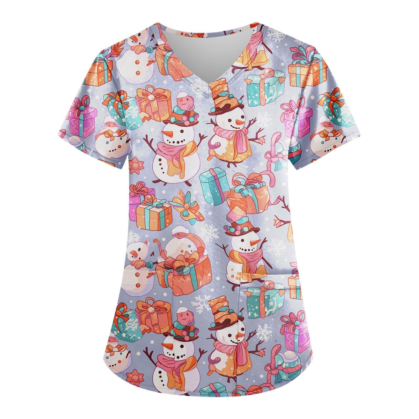 

Женская мода с v-образным вырезом, короткими рукавами и карманами, топы с рождественским принтом L разноцветный