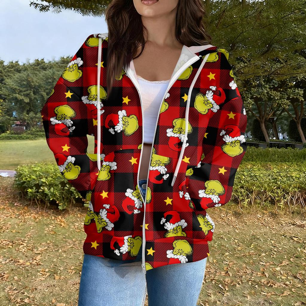 Women's Casual Fashion Long Sleeve Zipper Printed Hooded Sweatshirt