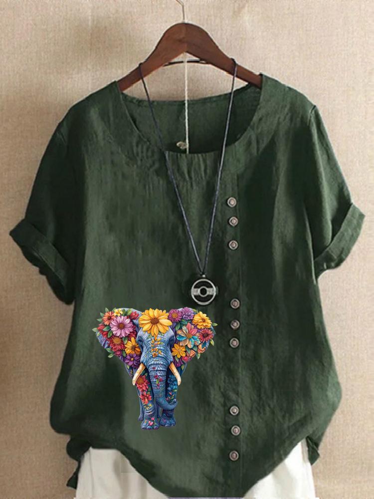 Women's Fashion Flower Elephant Print Round Neck Short Sleeve T-shirt Casual Cotton Linen Graphic Shirt Leisure Loose Summer Blouse Tops
