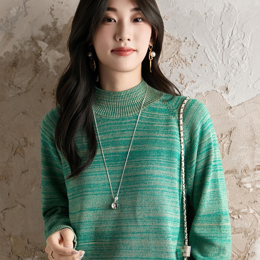 Pulover Gros de Bumbac pentru Femei Toamnă/Iarnă 2025: Cămașă Tricotată Caldă pentru Navetă, Guler Semi-Înalt, Croială Largă