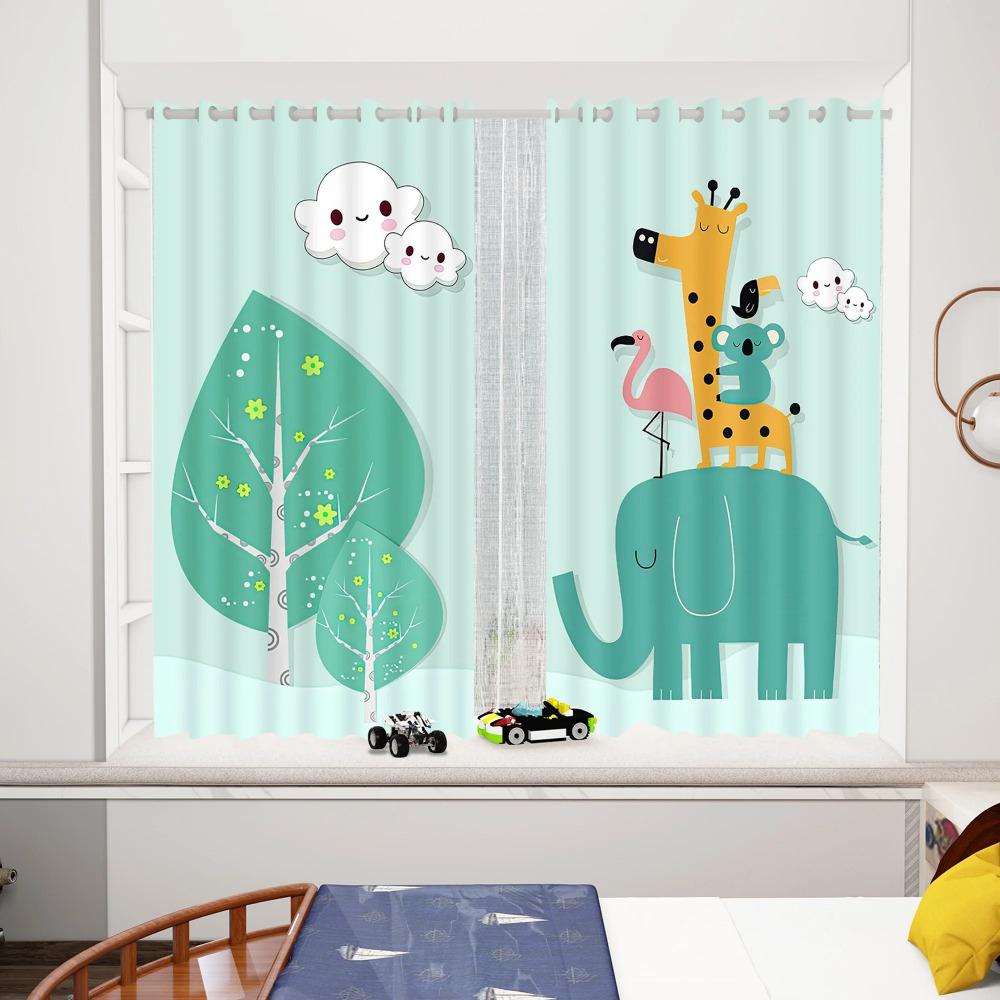 Animated Animal Zoon Elephant Pattern Lion Design Dinodaur Girls' Window Curtains For Kids Bedroom Living Room Bathroom Kicthen Door Home Decor