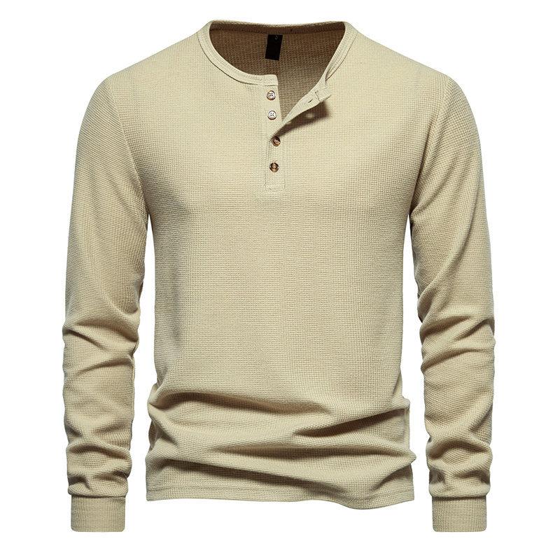 Spring Autumn Waffle Henley T-Shirt Men Basic Breathable Men's Long Sleeve Tops Tees Casual Solid Color Button T Shirts