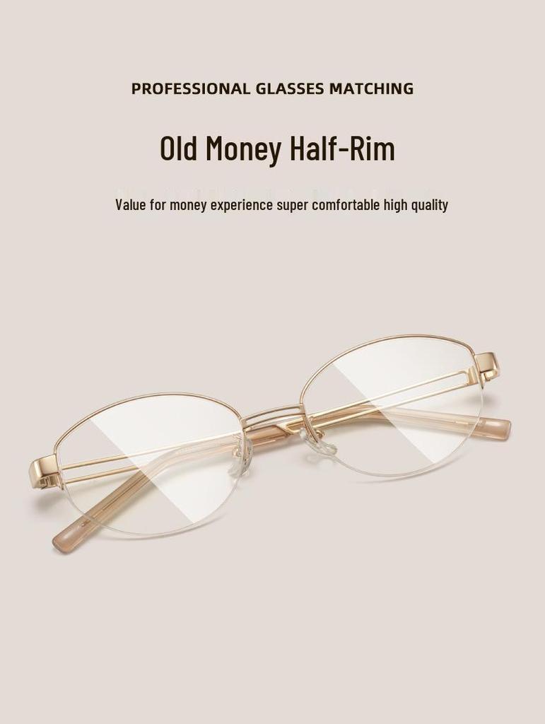 FAK Pure Titanium Semi-Rimless Cat-Eye Eyeglass Frame 55 - Old Money Style, High Intellectual Gold Wire Design 98713