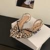 French leopard print one word with light mouth pointed head thin heel satin high heels women's 2025 summer new imperial sister style single shoes