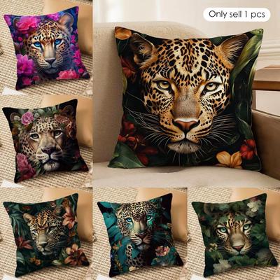 Fashion Leopard With Wreath  Cushion Cover Short Plush Doublesided Print Square Throw Pillow Covers Sofa Home Cushion Decor