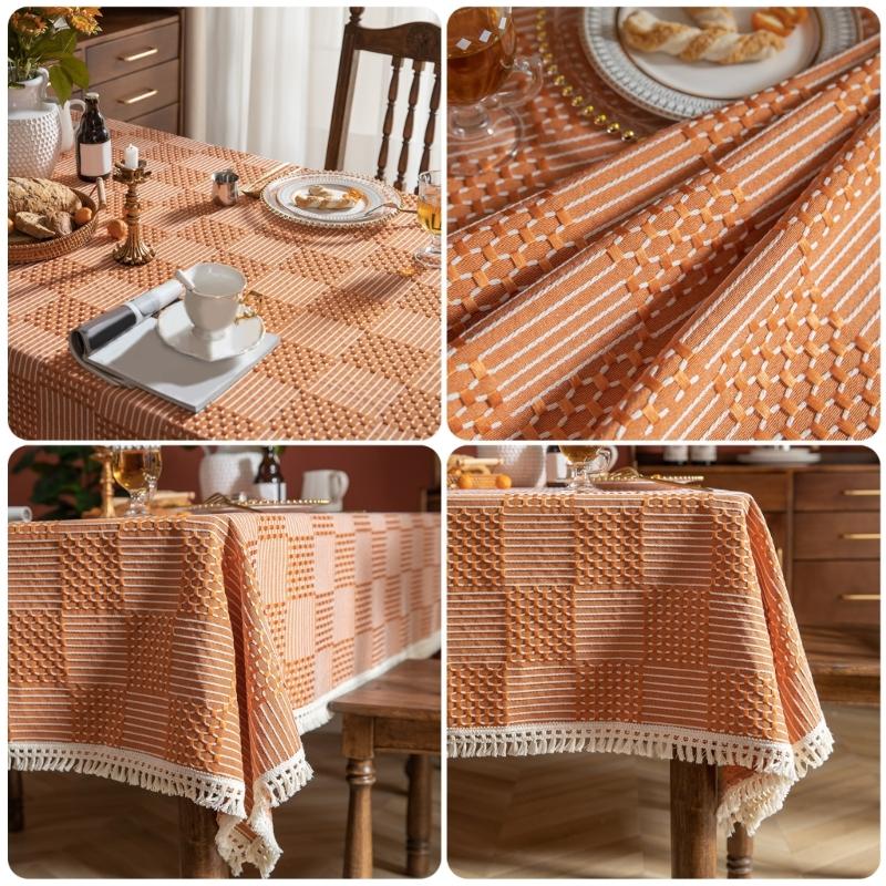 Fringed Table Cover Stains Resistant Polyester Linen Texture Tablecloth Decors For Kitchen Dining Room Decorations