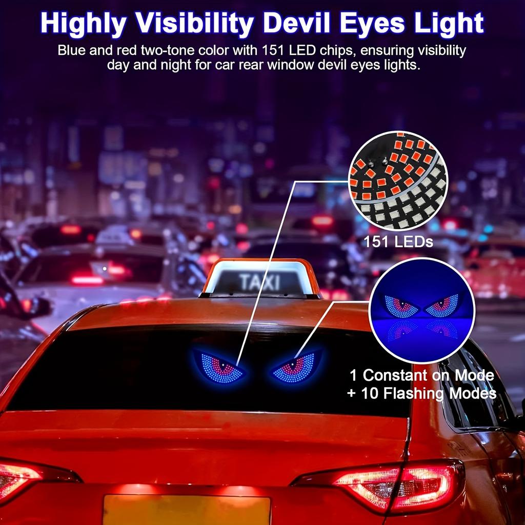 Car Rear Window LED Devil Eyes Light USB Powered with 11 Modes and Adhesive Mount