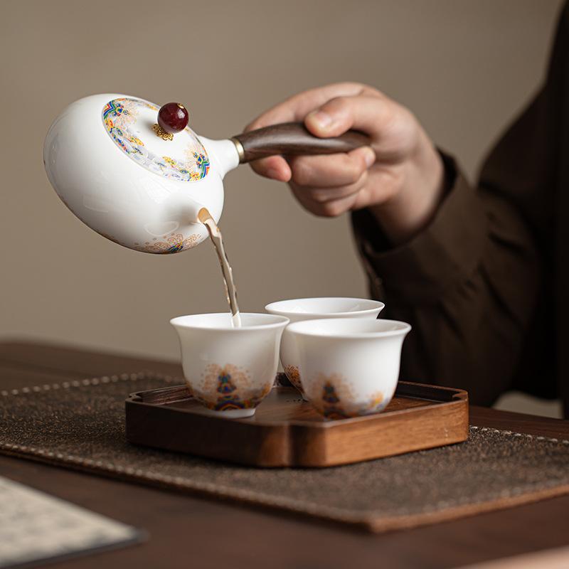 Suet jade porcelain high white porcelain seawater river cliff side handle pot office household teapot tea ceremony tea set kung fu tea set