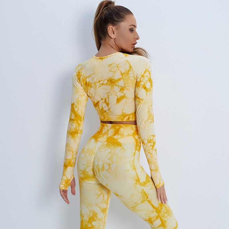 Tie-Dye Seamless Long Sleeve Crop Top & Leggings Set - Women's Quick-Dry Breathable Yoga Fitness Wear