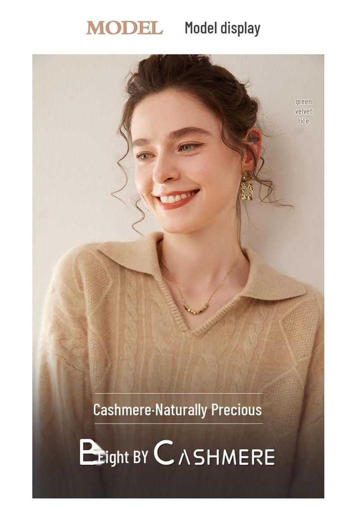 Women's Thick Three-Strand Twisted Cashmere Knit Sweater, Long Sleeve, Polo Collar, Loose Fit, Soft & Skin-Friendly.