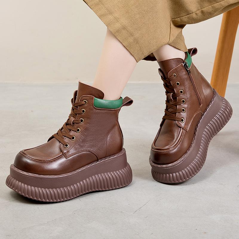 Fashion GKTINOO Genuine Leather Thick Sole Lightweight Boots 2025 Autumn Winter New Vintage Versatile Lace Up Cowhide Short Boots