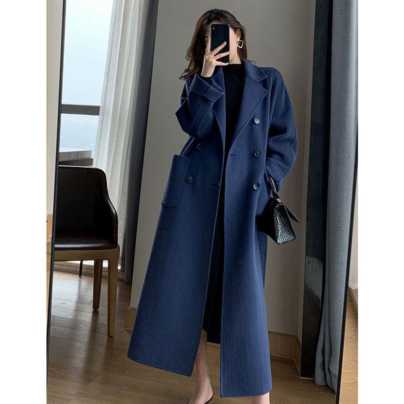 Winter Trenchcoat voor Dames Elegante Mode Koreaanse Casual Woljas Donkerblauw Vetersluiting Lange Jas Zwarte Damesjas met Riem