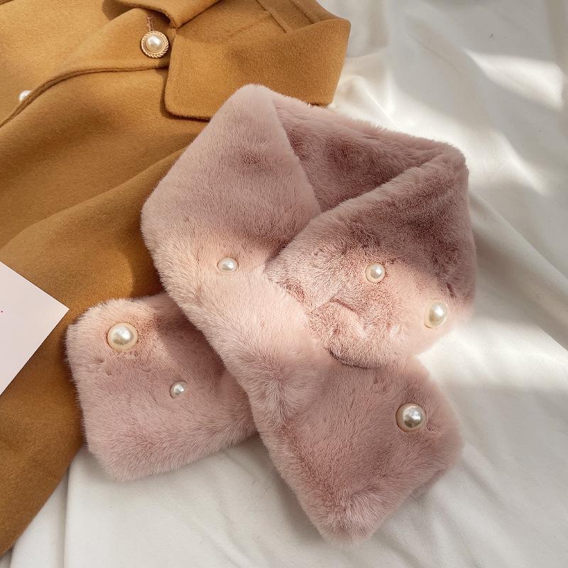 Women's Korean Style Imitation Rex Rabbit Fur Scarf - Versatile Autumn & Winter Thick Warm Pearl Cross Neck Warmer.
