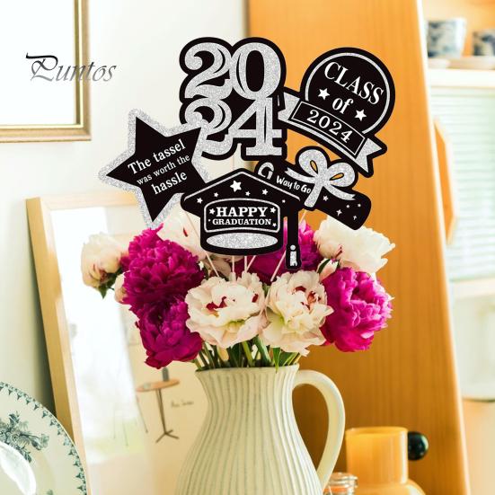 5Pcs/Set The Class of 2024 Glitter Graduation Centerpiece Sticks Set Table Vase Toppers Graduation Party Decor
