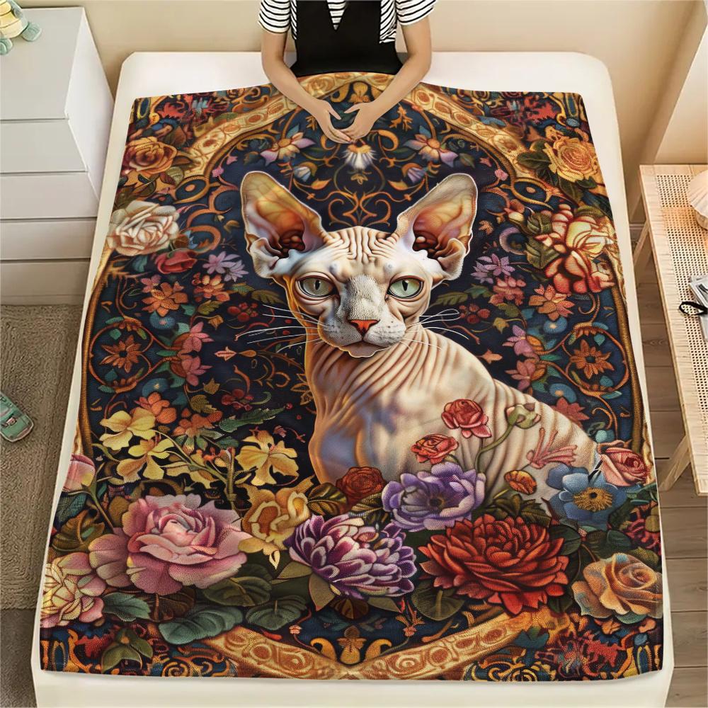 1Pc Boho Floral Cat Print Flannel Blanket, High Quality Comfortable for All Seasons, Home Decor, Warmth and Comfort, Perfect for Christmas Gifts