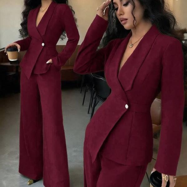 

Autumn women s suit temperament fashion long-sleeved blazer straight pants up and down two-piece set 2XL бордовий