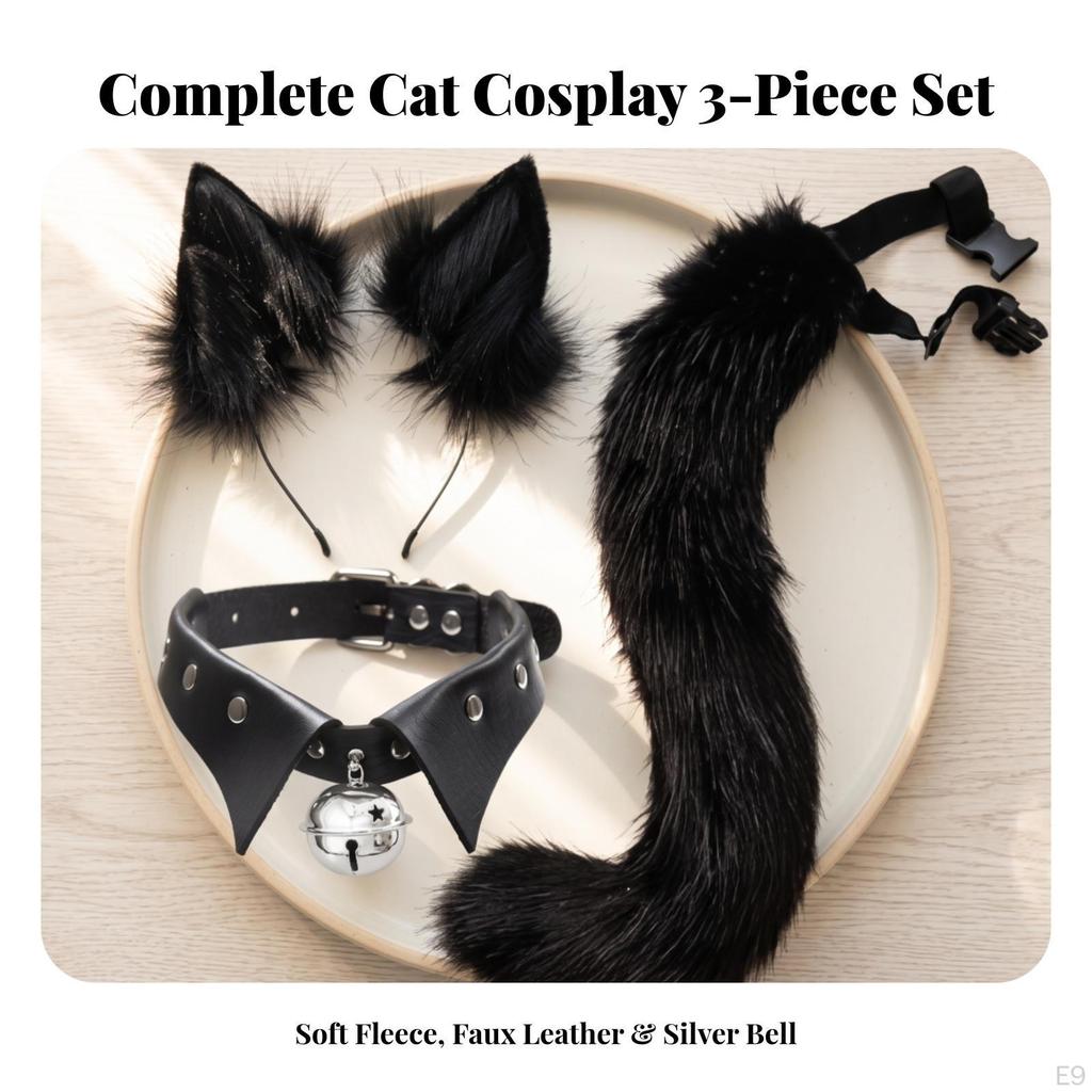 Faux-Faux-Fleece Cat Ears Headband and Tail Bell Collar Set Soft